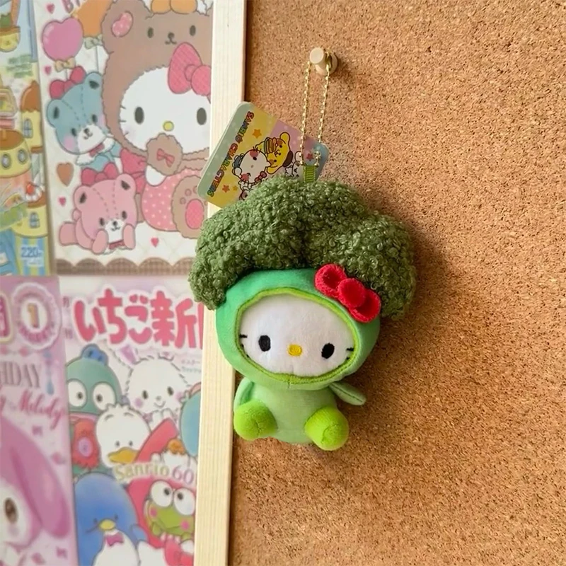 Kawaii Broccoli Hello Kitty Plush Pendant Cartoon Fried Shrimp Sanrio KT Cat Stuffed Doll Keychain Car Key Ring Bag Decor