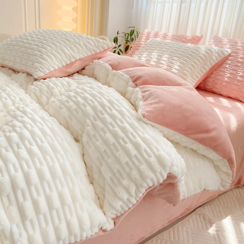 3/4pcs Modern Minimalist Solid Color Autumn/winter Thick and Warm Candy Colored Rabbit Fur Duvet Cover 1.2/1.5/1.8/2M