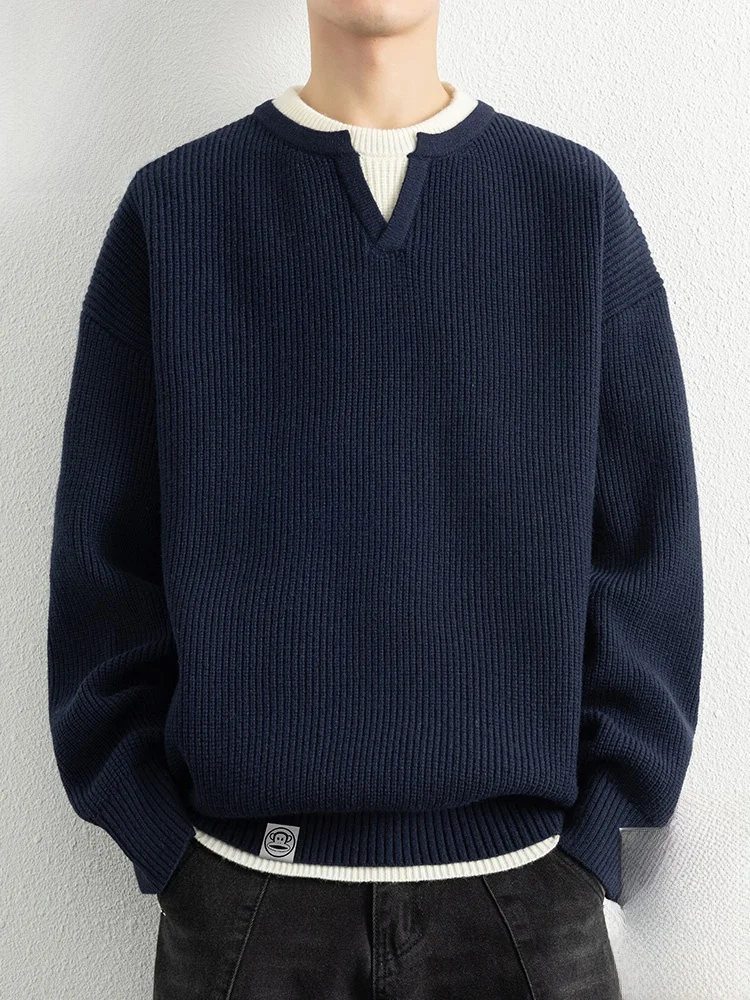 

PaulFrank American Sle Knitted Sweater Men's Casual Warmth Fake Two-Piece Autumn Faion Brand Casual Loose Fit round Ne