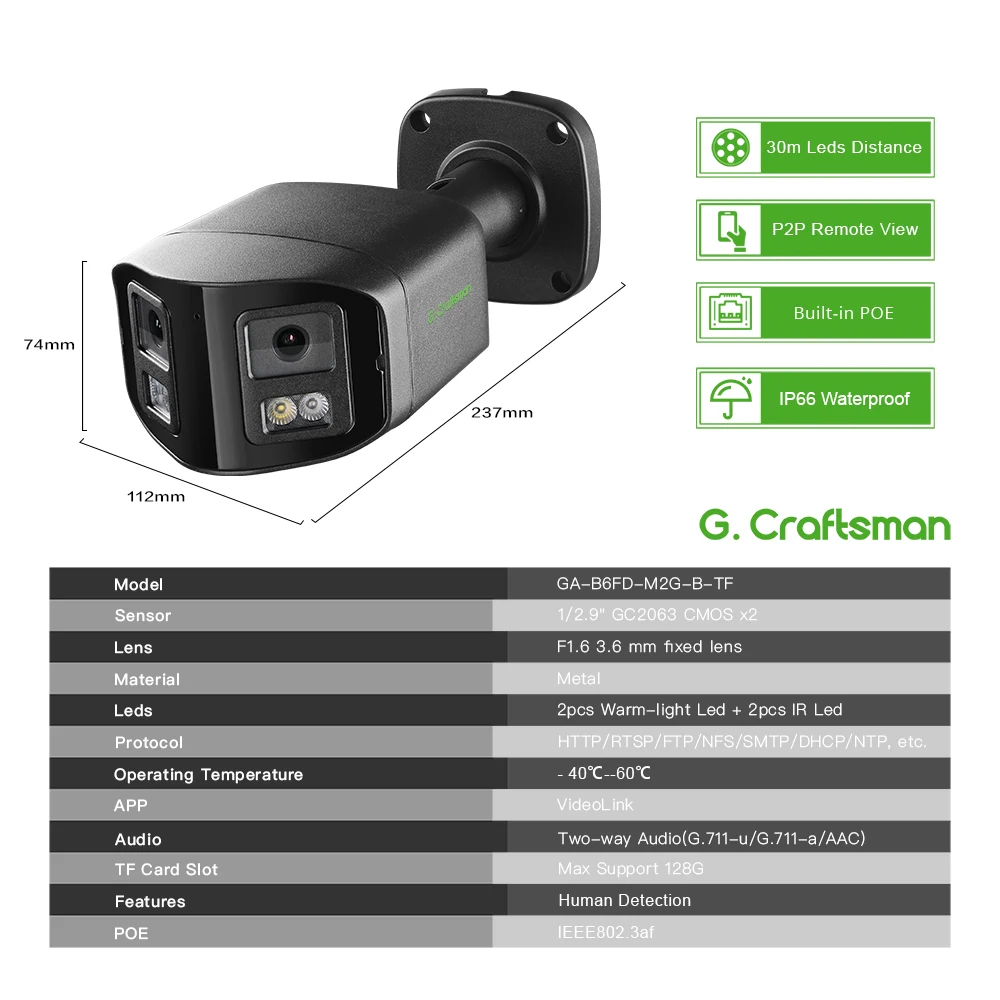 G.Craftsman-Objectif de vidéosurveillance en métal, sécurité, 2MP x 2MP POE, pour touristes