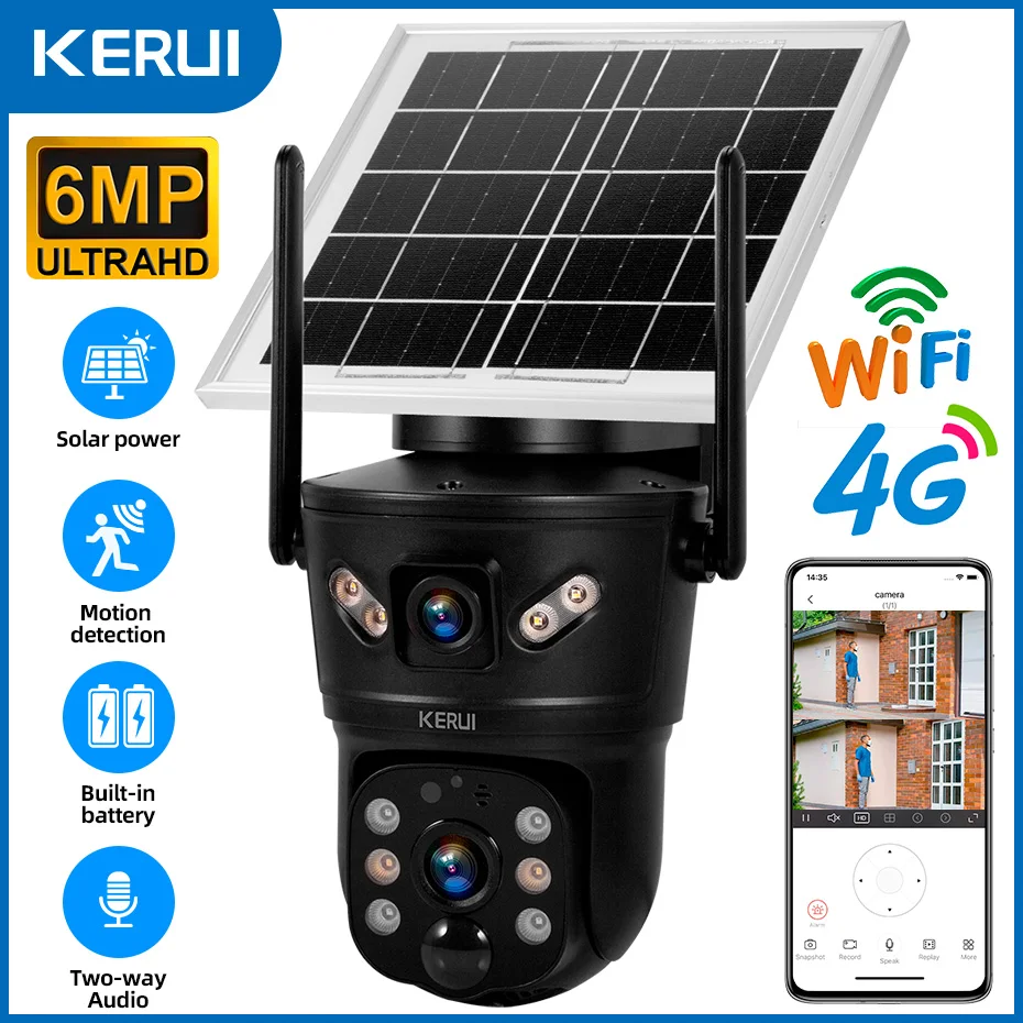 KERUI Outdoor 6MP Solar Camera 4G SIM WIFI Solar Panel Dual Lens Camera Waterproof Home Security CCTV Video Surveillance V380pro