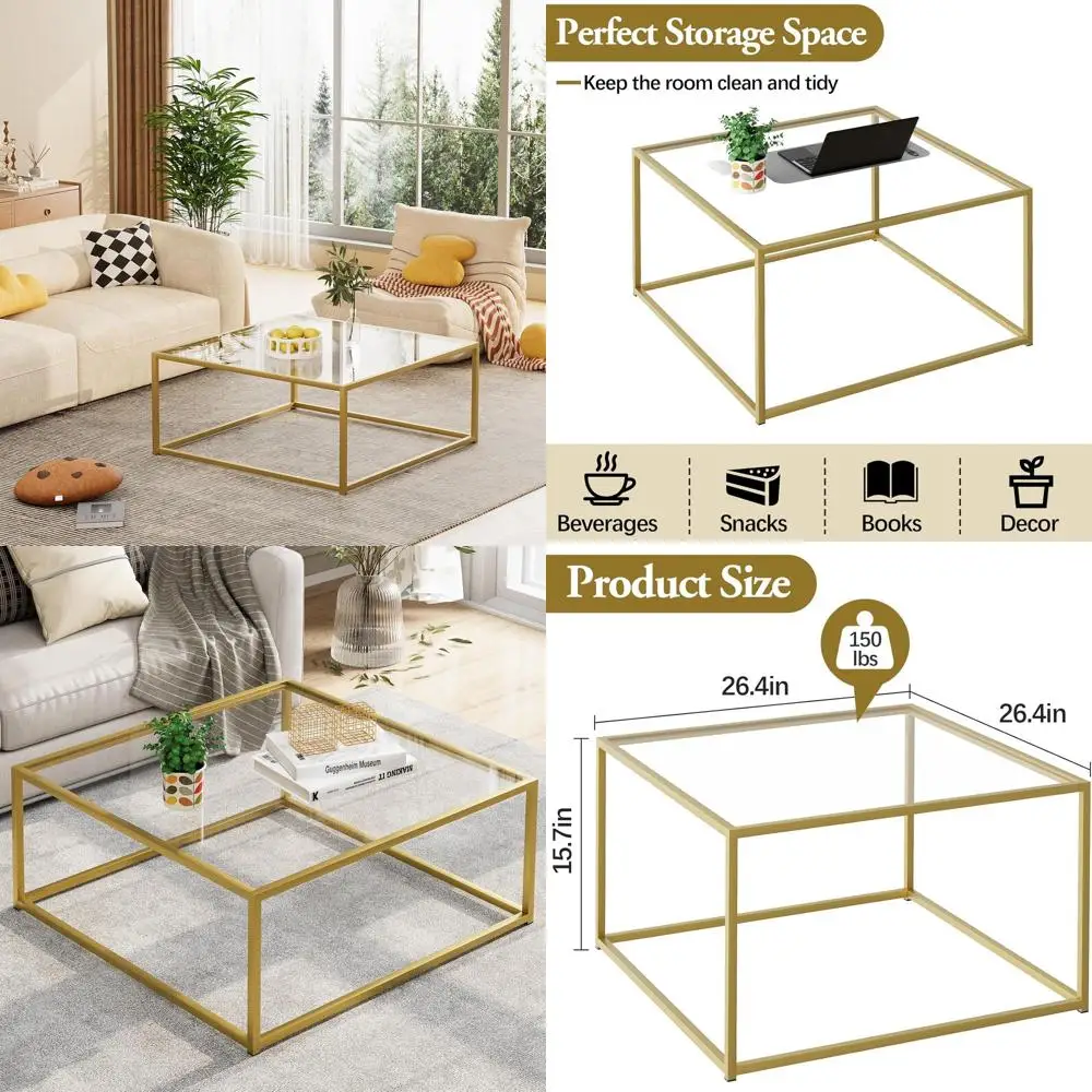 Compact Modern Gold & Clear Glass Coffee Table for Small Living Rooms, Easy Assembly, 26 Square
