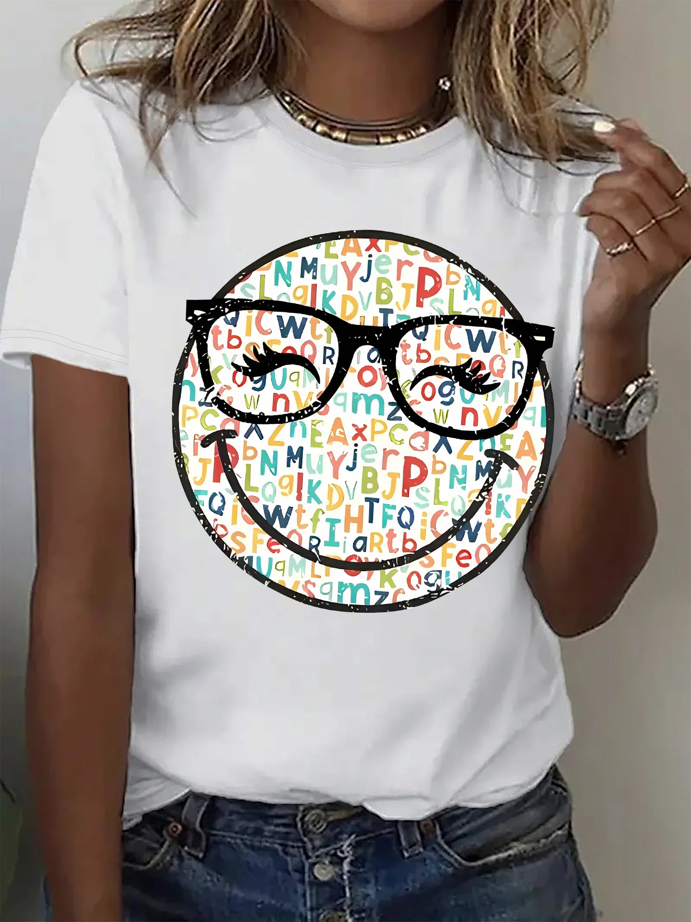 

Women's Casual Graphic Print TShirt Short Sleeve Crew Neck Top with Vibrant Colorful Smile Face Design for Plus Size Comfort Tee