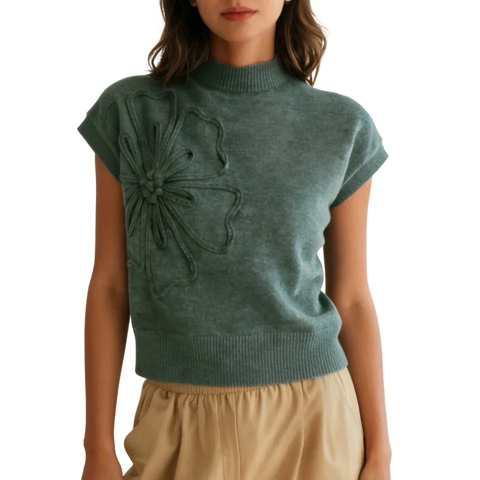 

Women Spring New Sweater Vest Trendy Flower Knit Short Sleeve Cute Pullover Tank Tops Fashion Mock Neck Sweaters Soft Knitwears