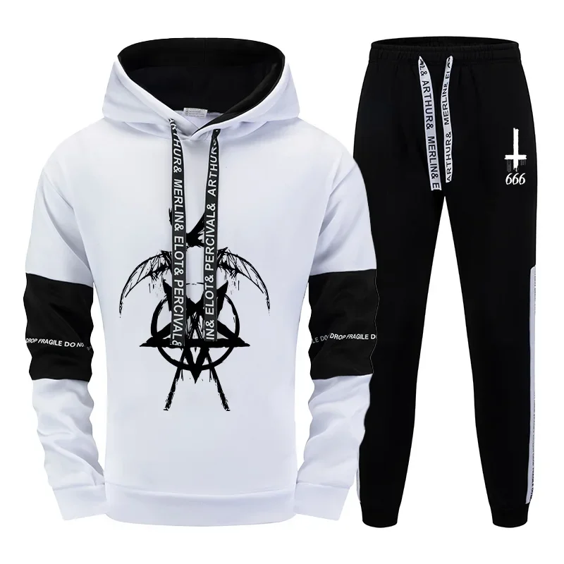 

Satan Pentagram Hoodies Jogger Set Men's Tracksuit Hooded Sweatshirts Inverted Cross 666 Symbol Sweatpants Casual Fashion Outfit