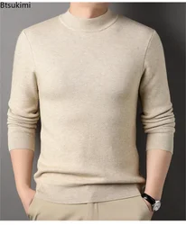 2024 Men's Fashion Imitation Wool Knitted Sweaters Half High Collar Solid Warm Pullover Tops Male Business Casual Knit Sweaters