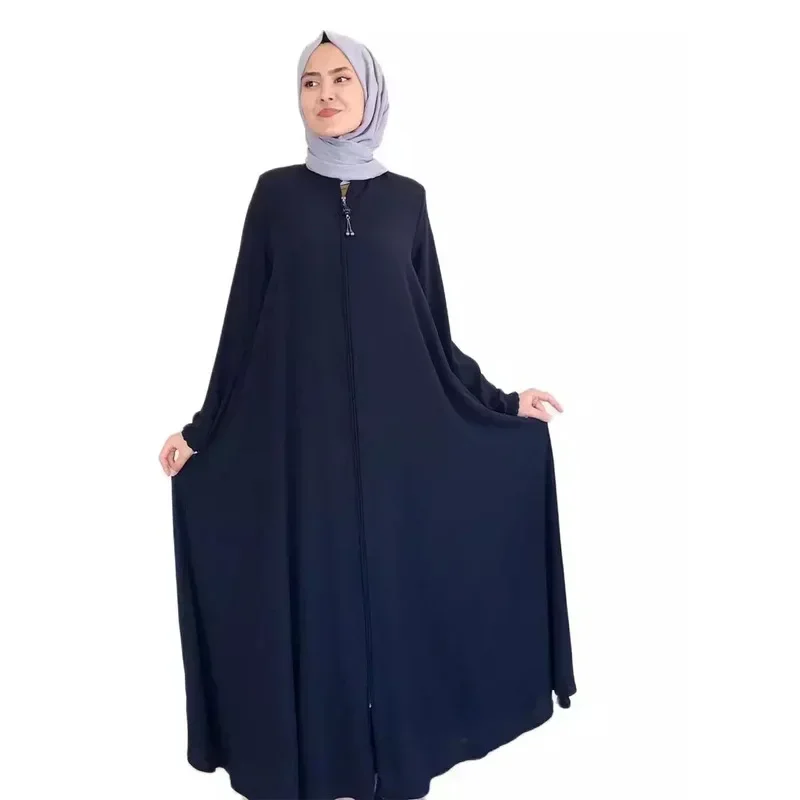 Gaun Kardigan Muslim Wanita Warna Solid Melayu Turki Dubai Ritsleting Jubah Abayas untuk Wanita Dubai Buka Abaya Pakaian Islami