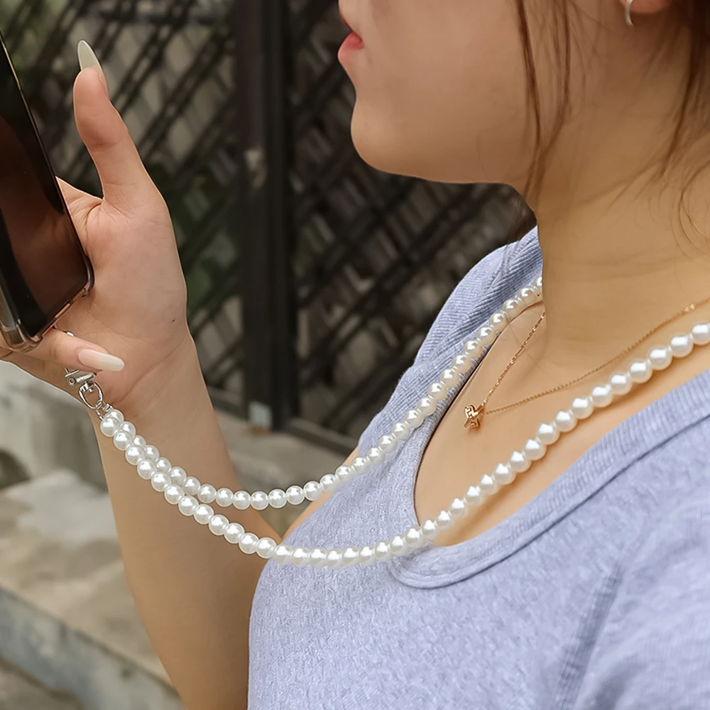 الهاتف المحمول Crossbody الحبل الأشرطة اللؤلؤ سوار سلسلة مع مكافحة خسر كليب بطاقة طويلة وقصيرة شنقا الحبل الفرقة #5