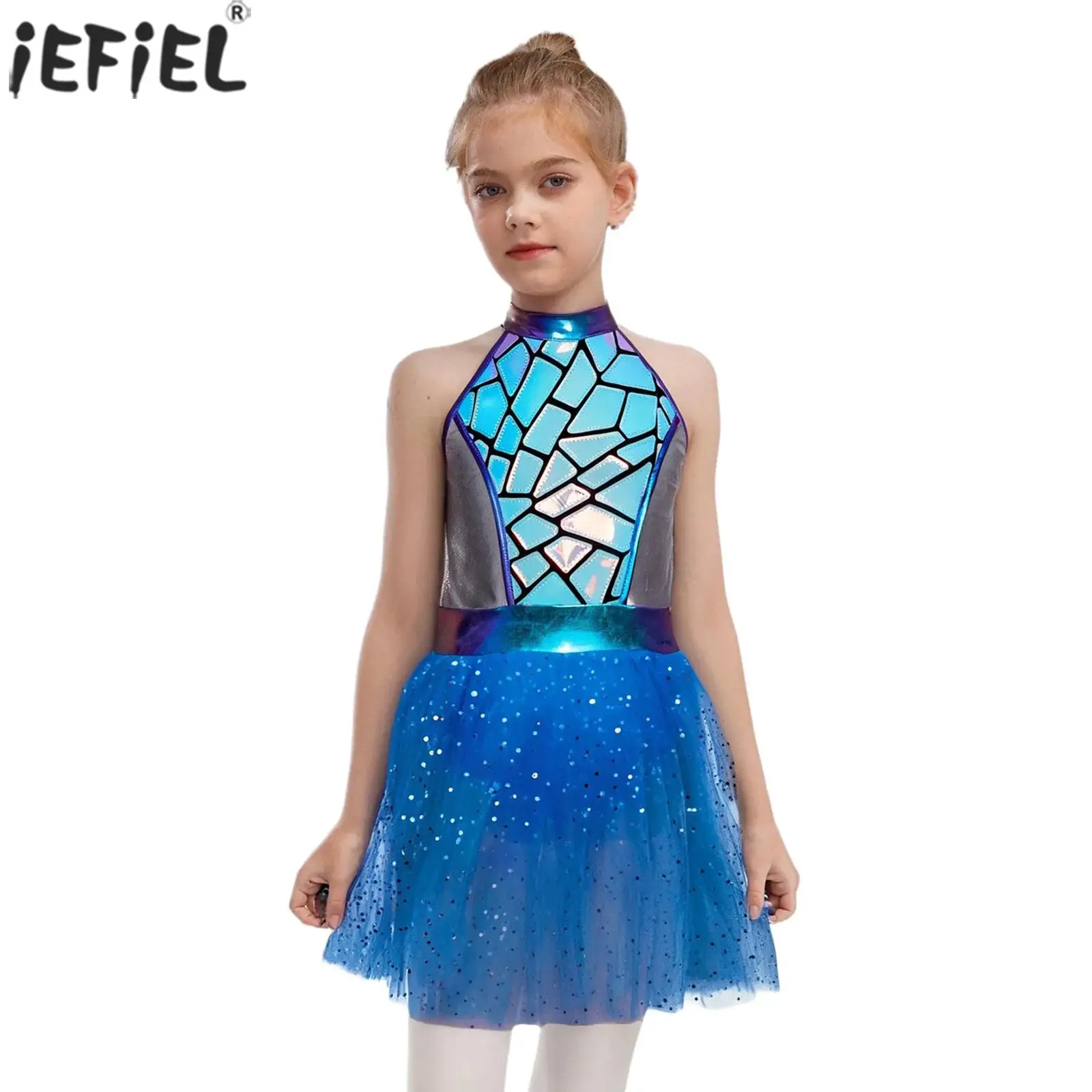 Kids Girls Space Alien Cosplay Costume Halter Sleeveless Metallic Shiny Sequins Mesh Tutu Dress Halloween Party Galaxy Traveler