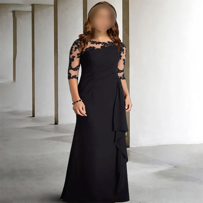 

Black Lace Half Sleeve Draping Appliques 2024 A-Line Lace Dress Mother of the Bride Dress Wedding Guest Plus Size