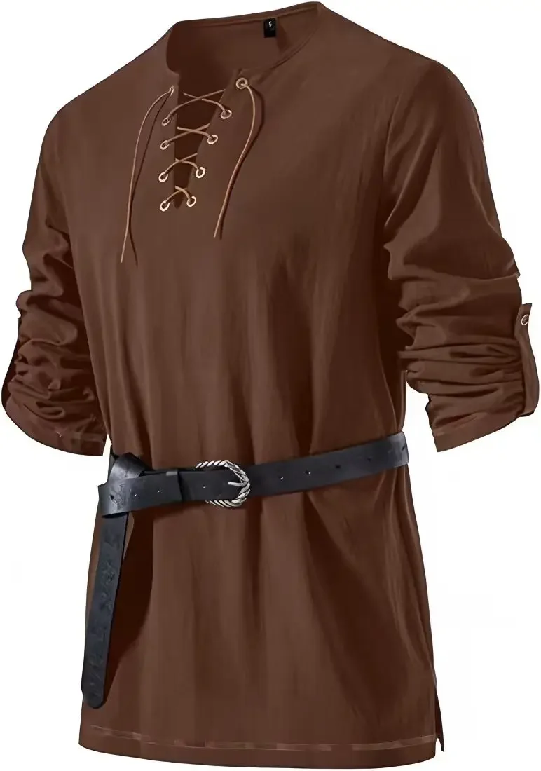 Mittelalterliches Schnürhemd für Herren mit Gürtel, langärmelig, Vintage-Piraten-Wikinger-Oberteil, Halloween-Cosplay-Kostüm, lässige Bluse – Detail 29