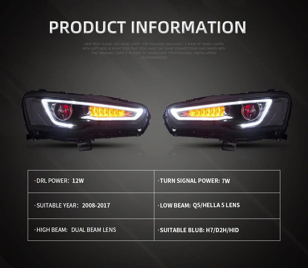 VLAND Headlight Assembly FOR MITSUBISHI LANCER 2008-2017 LED Headlights LED Running Light