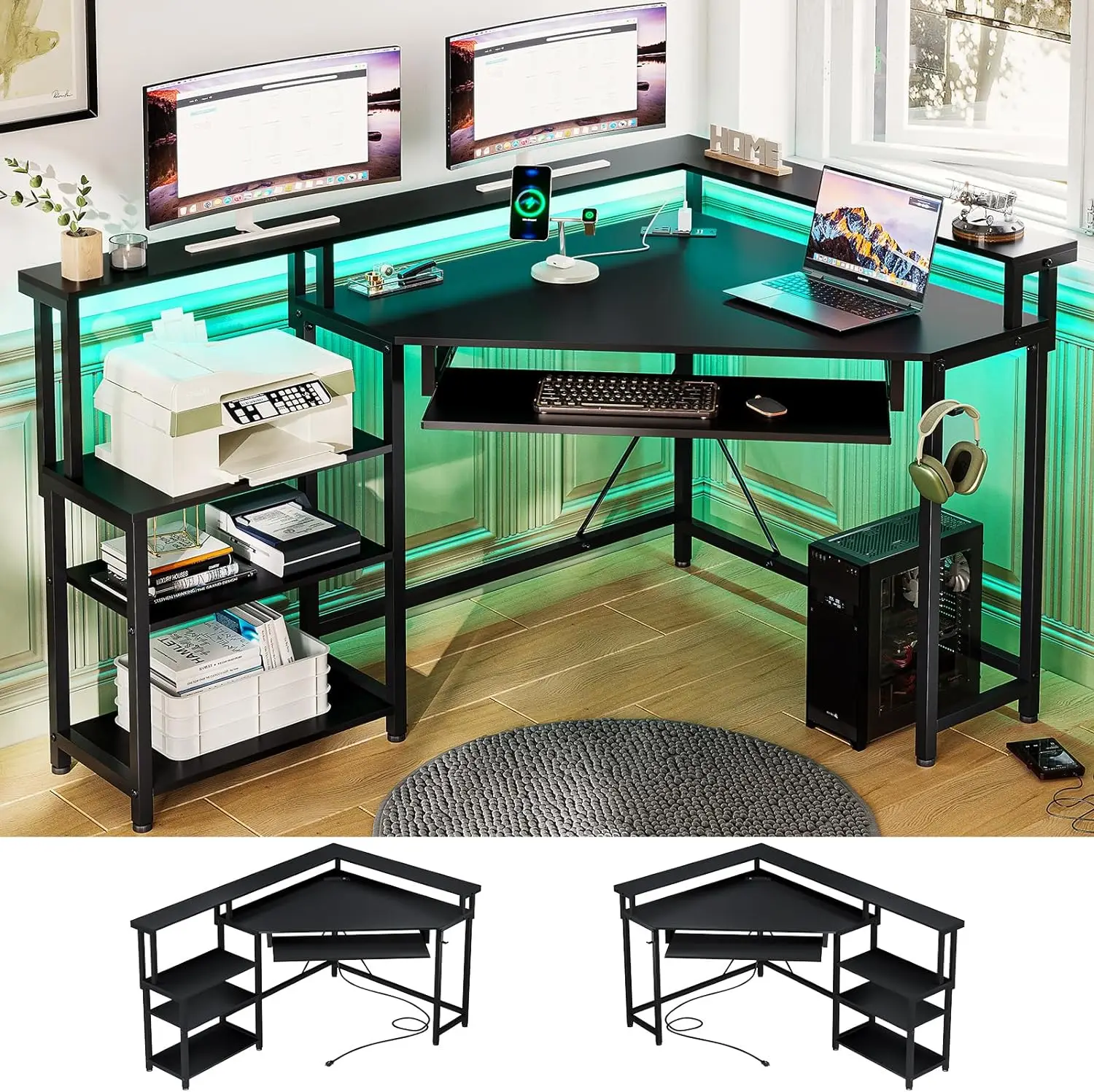 Corner Desk  with LED Lights, Home Office Desk with Storage for Small Space