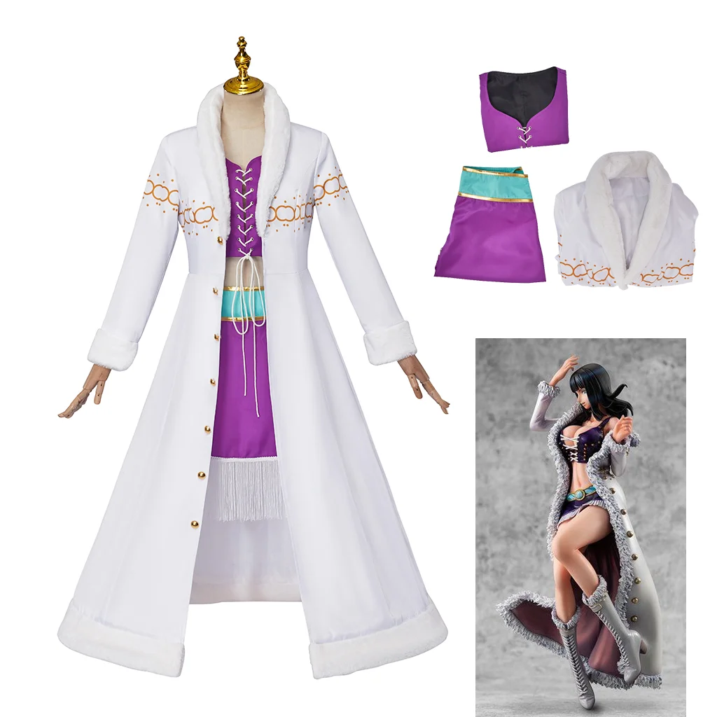 Anime Nico Robin Cosplay Costume White Fur Coat Purple Top Skirt Suit Halloween Carnival Night Costume