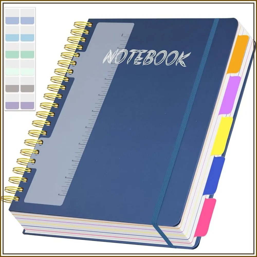 A4 Hardcover Spiral Notebook, 300 Pages College Ruled, 5 Subjects with Dividers, 8.5x11 Inches, 100GSM Thick Paper for Work & School