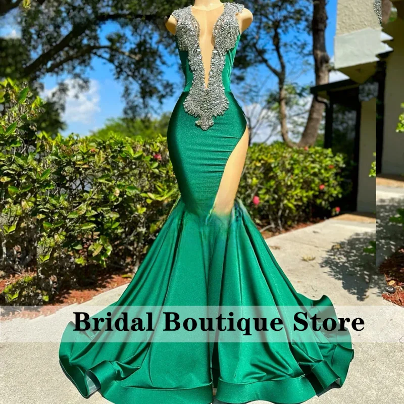 Personalizado africano verde escuro sereia vestido de baile apliques diamantes frisado preto meninas vestido de noite vestido de festa