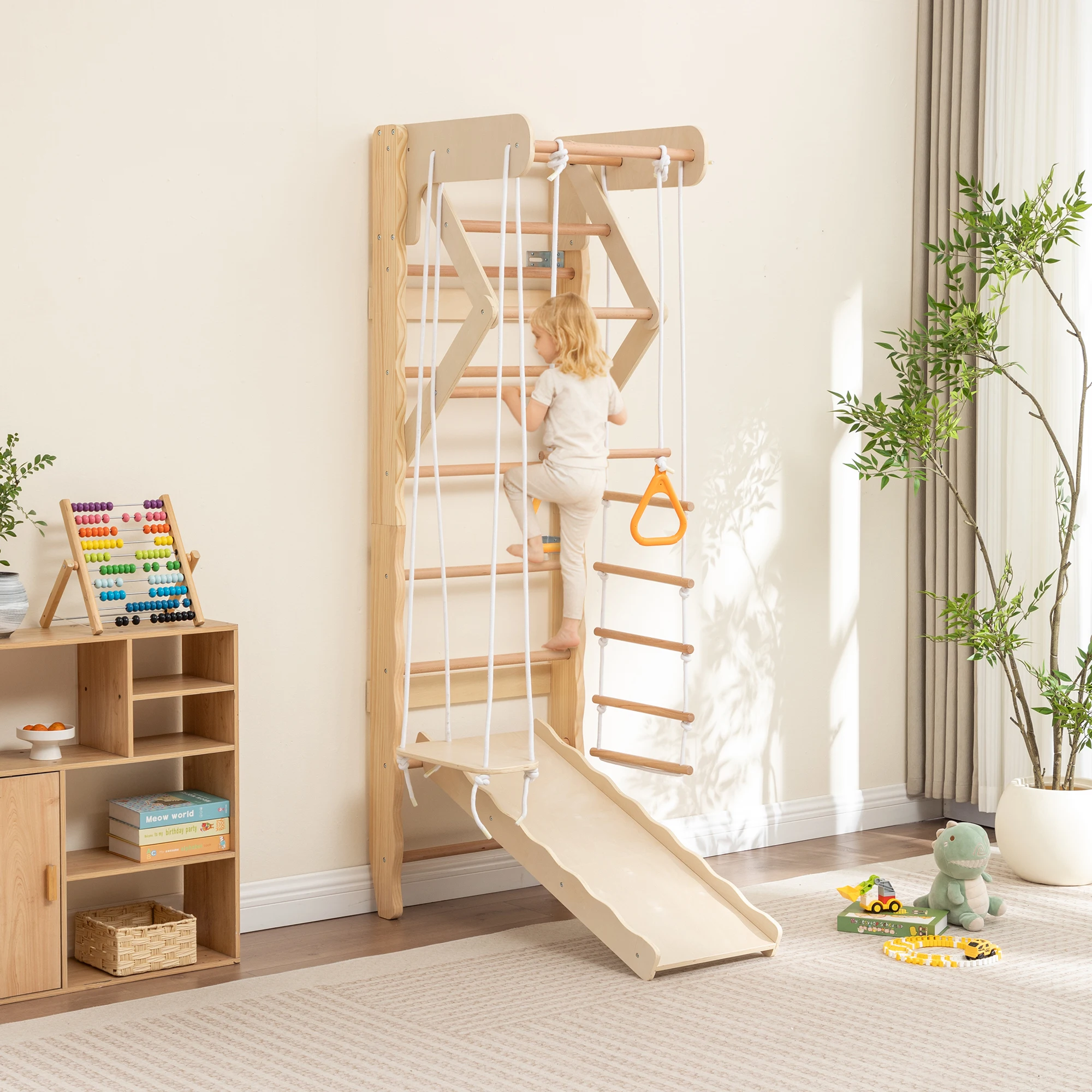 5-in-1 Wooden Indoor Jungle Gym for Kids, Wall-Mounted Swedish Ladder with Pull-Up Bar, Rings, Swing, and Slide