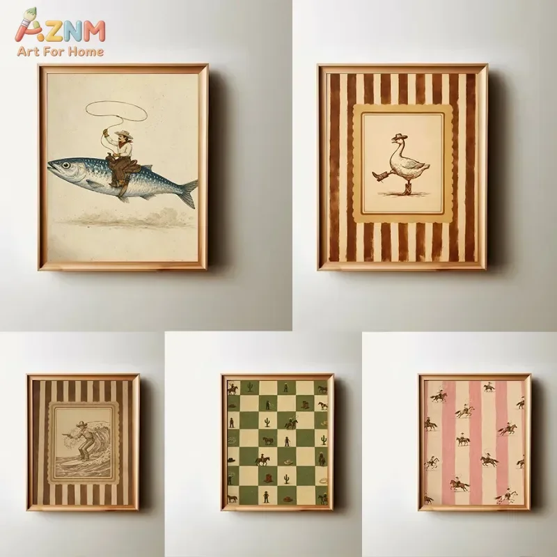 AZNM Vintage Cowboy Animal Canvas Wall Art, Retro Western Funny Duck Fish Chess Horse Striped Background Illustration Print, Fra