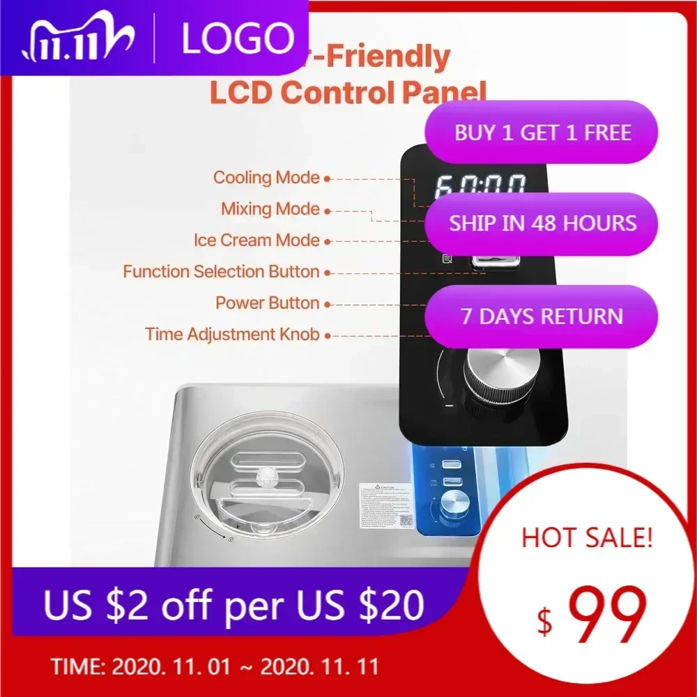 

VEVOR Self-Contained Ice Cream Machine - 2 Quart Gelato & Sorbet Maker with Compressor, 3 Operating Modes