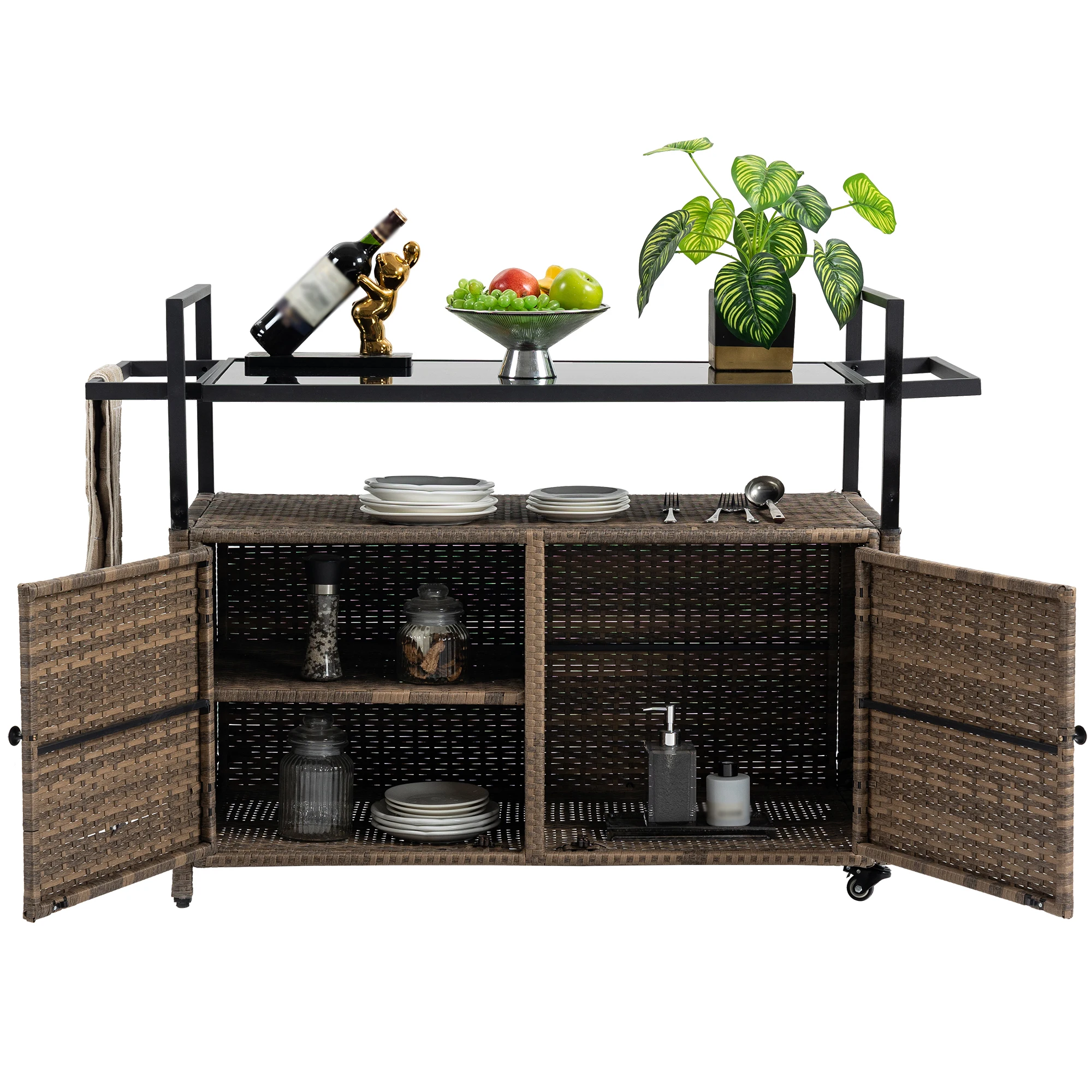 

PE Wicker Serving Cart – Tempered Glass Top, 2-Door Storage, Adjustable Shelves & Locking Casters for Kitchen or Patio