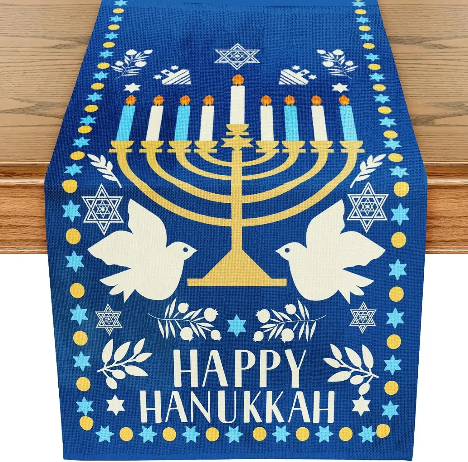 Happy Hanukkah  2026 Table Runner Jewish Holiday Party Decor Chanukah Menorah Peace Doves Dining Table Runners Table Decorations
