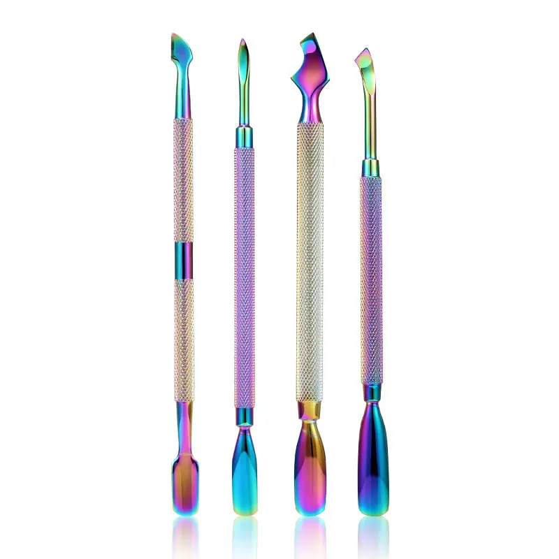 4 Pcs Color titanium steel push dead skin push Fashion Design Double Head Stainless Steel Cuticle Pusher Manicure Nail art Tool
