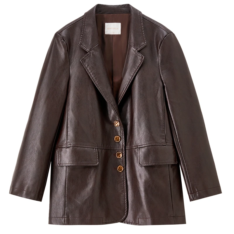 SENTUBILA Women's Coffee Pu Leather Jacket Modern Biker Style Notch Collar Coat Long Sleeve Casual Windproof Coat W53GE2747