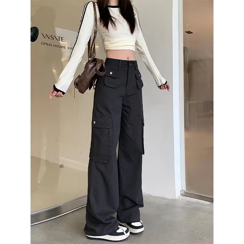 

Джинсы с высокой талией и широкими штанинами, свободного кроя, с длинными декоративными элементами, в стиле рабочей одежды, городской моды, женские, из премиального денима