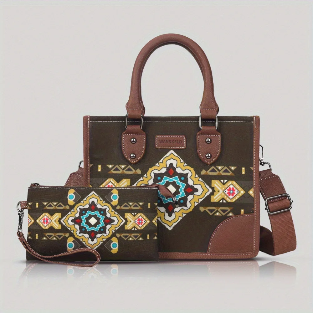 

2pcs/set Vintage Top Handle Tote Bag, Bohemian Style Shoulder Bag Satchel with Purse, Women's Retro Handbag, Vintage Style for B