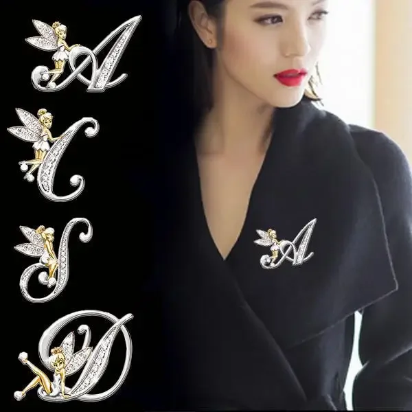 New Metal Crystal English Letter Word Brooch Elf Angel Lapel Pina Suit Shirt Collar Pins Brooches for Women Accessories