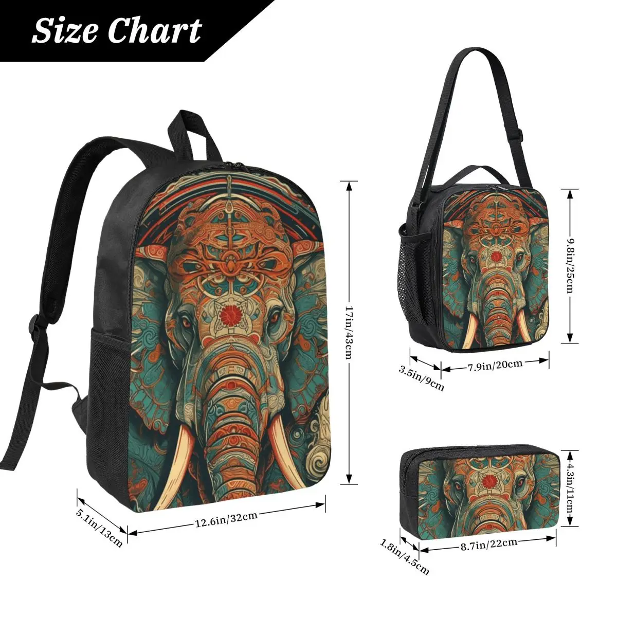 Ethnic Style Elephant Print Backpack Student BookBag School Bag Computer Shoulder Bags 3ps Insulated Lunch Bag Pencil Case
