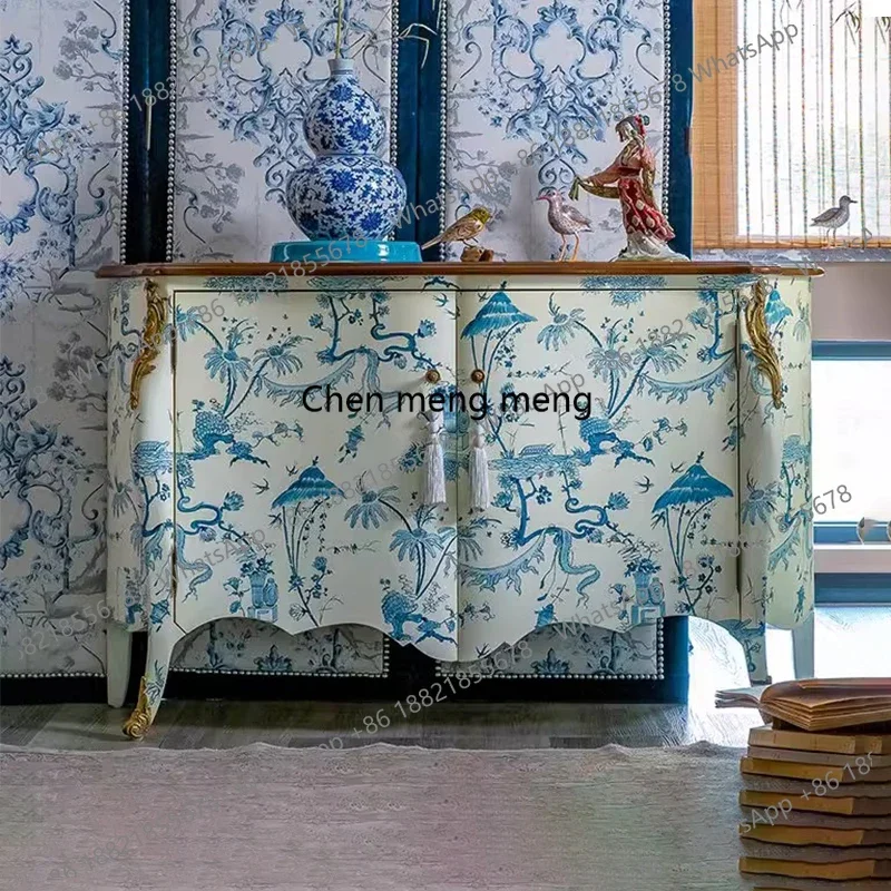 French Chinese Style Dining Sideboard Blue and White Hand-painted Storage Cabinet New Decorative Side Cabinet