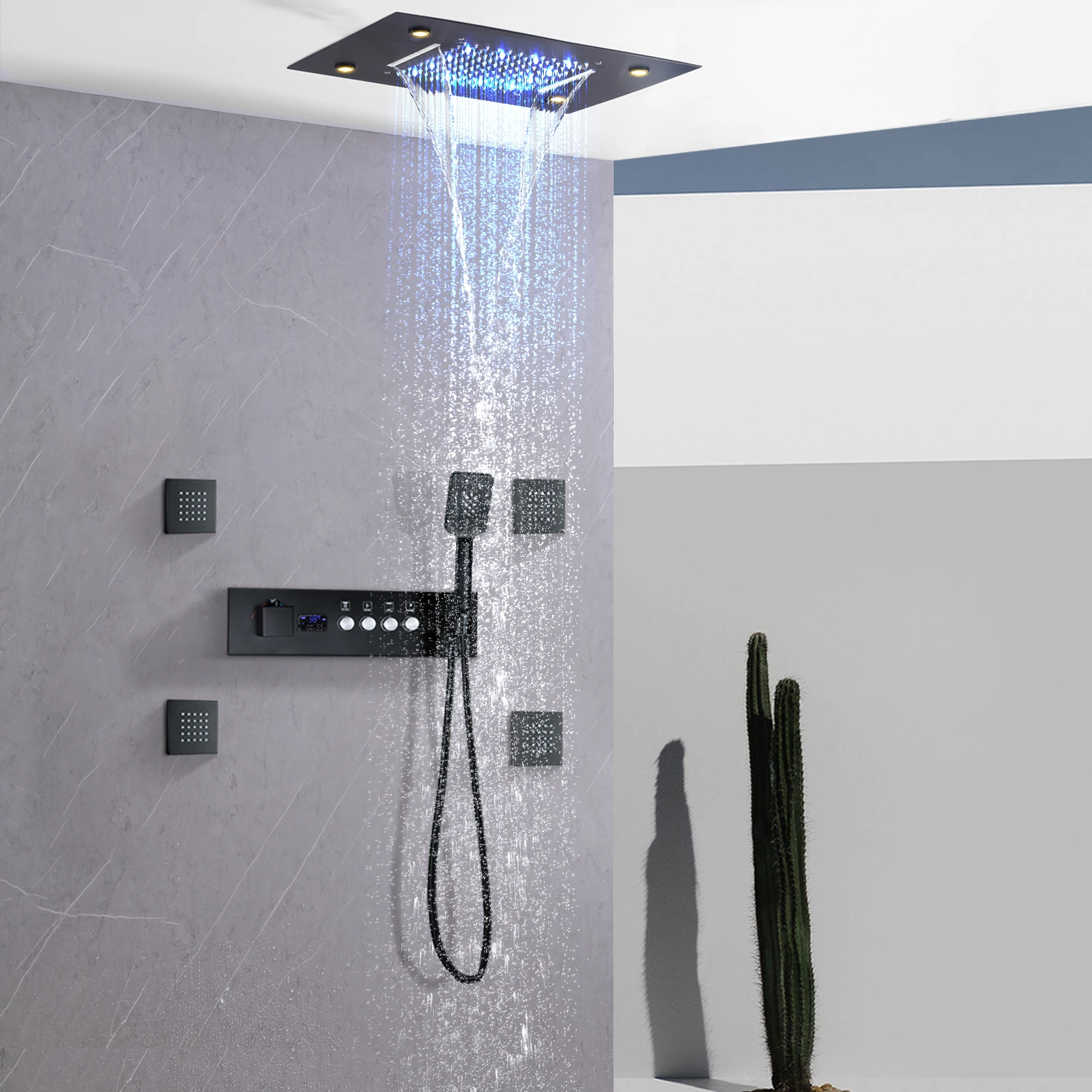 14 X 20 Inch Ceiling LED Rain Black Shower Head With Body Jets Rainfall Shower System Fixtures Thermostatic Mixer Set Kit