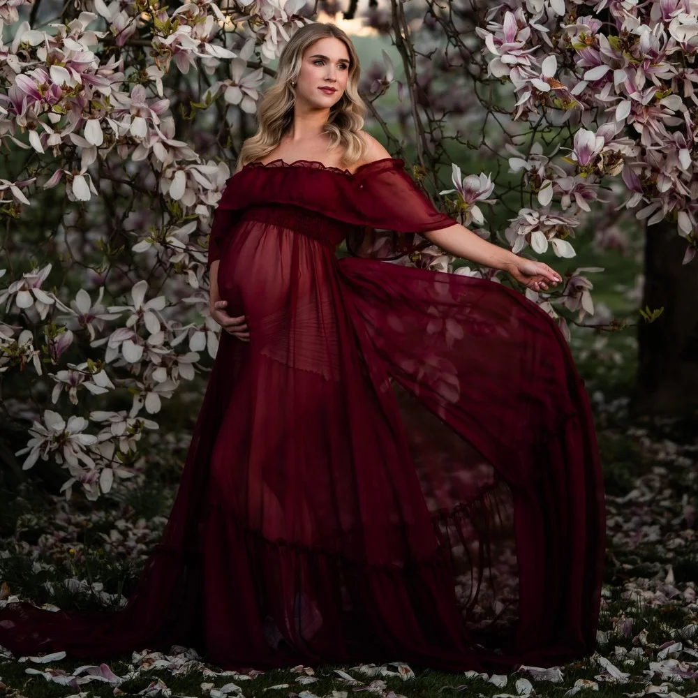 Maternity Photography Props Dress Sexy Off Shoulder Ruffled Trailing Dress Micro Transparent Chiffon Boho Pregnant Dress