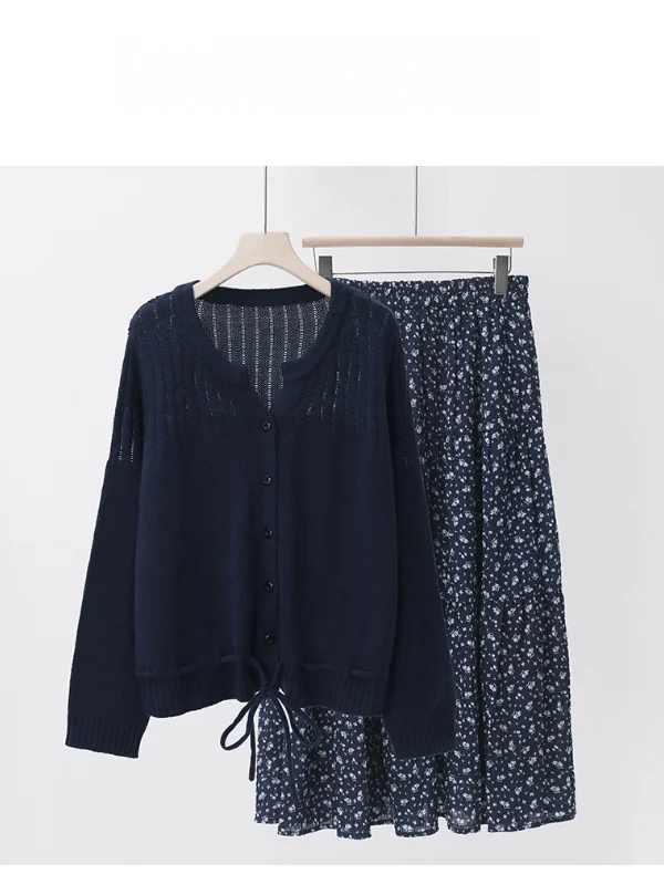 

plus Size Faion Set Fat Sister MM Berlin Love Spring Knitted Top f Skirt Two Piece Set Long Sve Floral Print Casual Wear