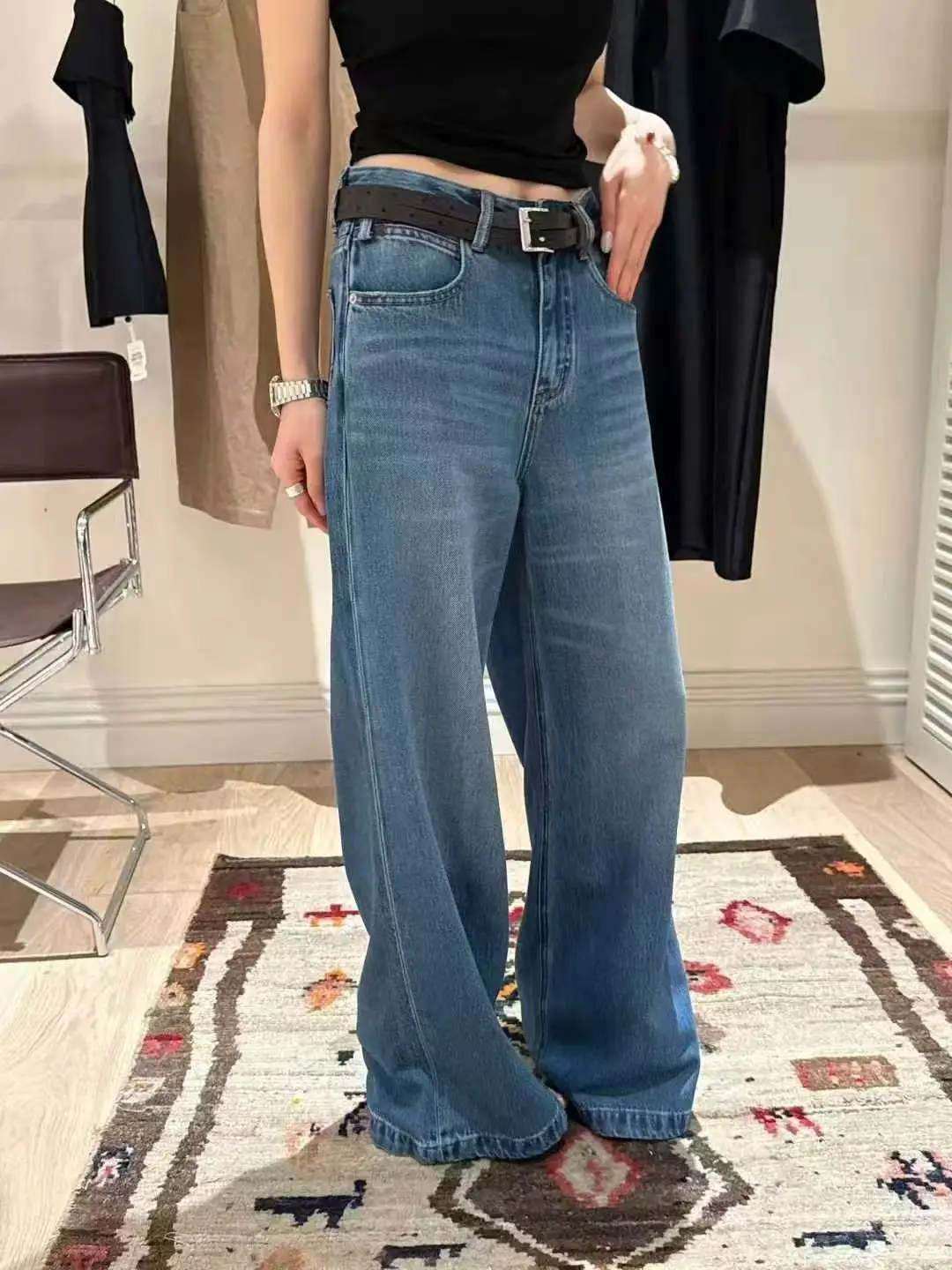 

American Retro Washed Floor-Length Jeans Women's Spring Summer New Loose Slim Wide Leg Pants High Waist Cotton Blend