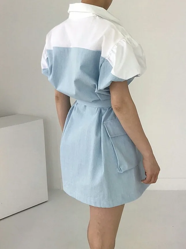 Vestido de manga corta con cuello tipo  para mujer, falda con cinturón y empalme a cuadros, estilo de viaje, moda de ...