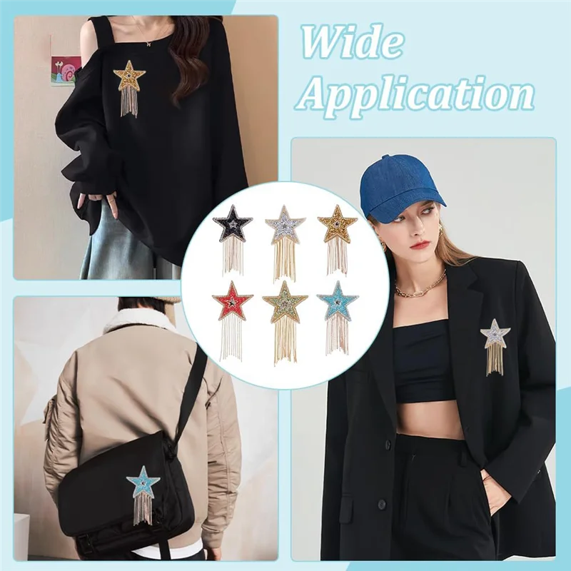 ABQR 6 pezzi toppe con strass a stella con nappe a catena stella a cinque punte toppe da stiro vestiti cappello jeans borsa pantaloni eleganti fai da te