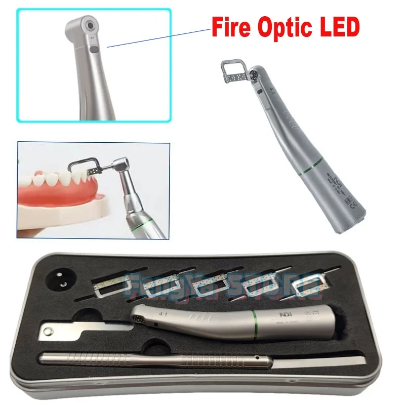 Dental 4:1 Fiber Optical LED Contra Angle Low Speed Handpiece Green Ring Dental Electric Micromotor Handpiece for Endodontics