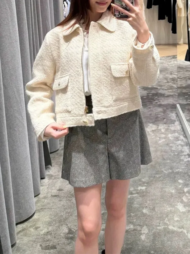 الرجعية محبوك تويد سستة ort دعوى Jaet SD المنزل خريف 2024 معطف بياقة بيضاء مستقيم قطع القطن طويل Sve لون نقي #4