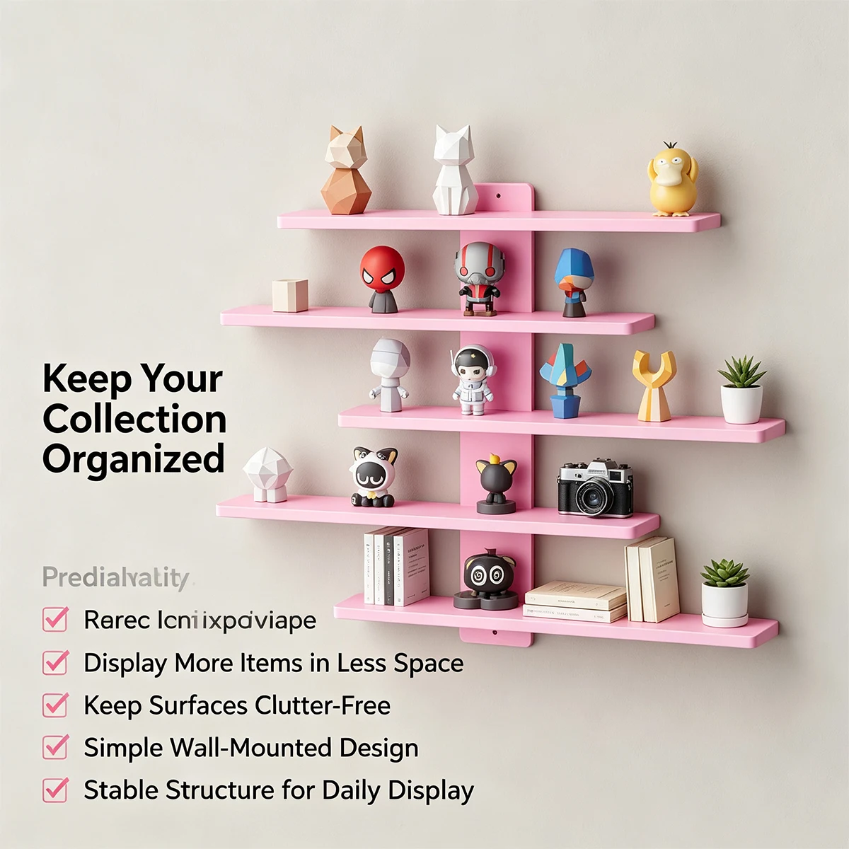 5-Tier Wall Display Shelf, PVC Floating Wall Mount Rack for Collectibles, Mini Figures & Small Decor