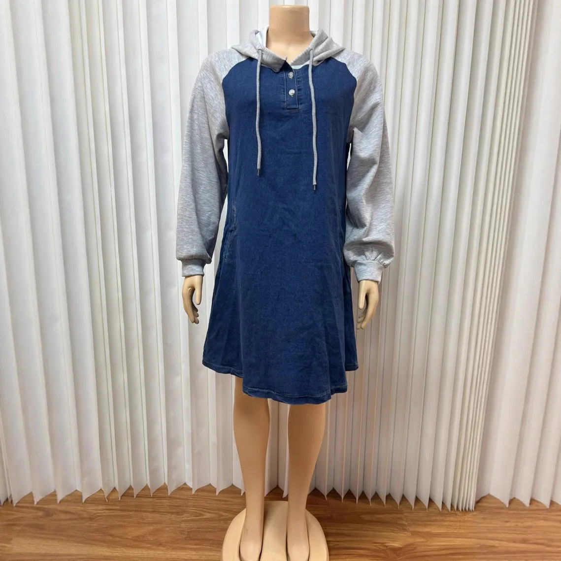 Mini Dresses Women Vintage Denim Dress Hooded Patchwork Drawstring Button Washed Streetwear A Line 2025 Female Casual Vestidos