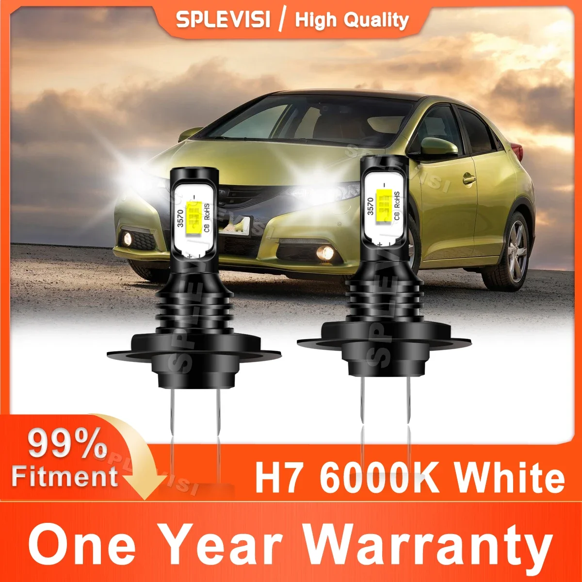 

2Pc Car LED Light 6000K White 8000LM 70W H7 For Honda Civic FK MK9 2011 2012 2013 2014 2015 2016 LED Headlight High/Low Beam