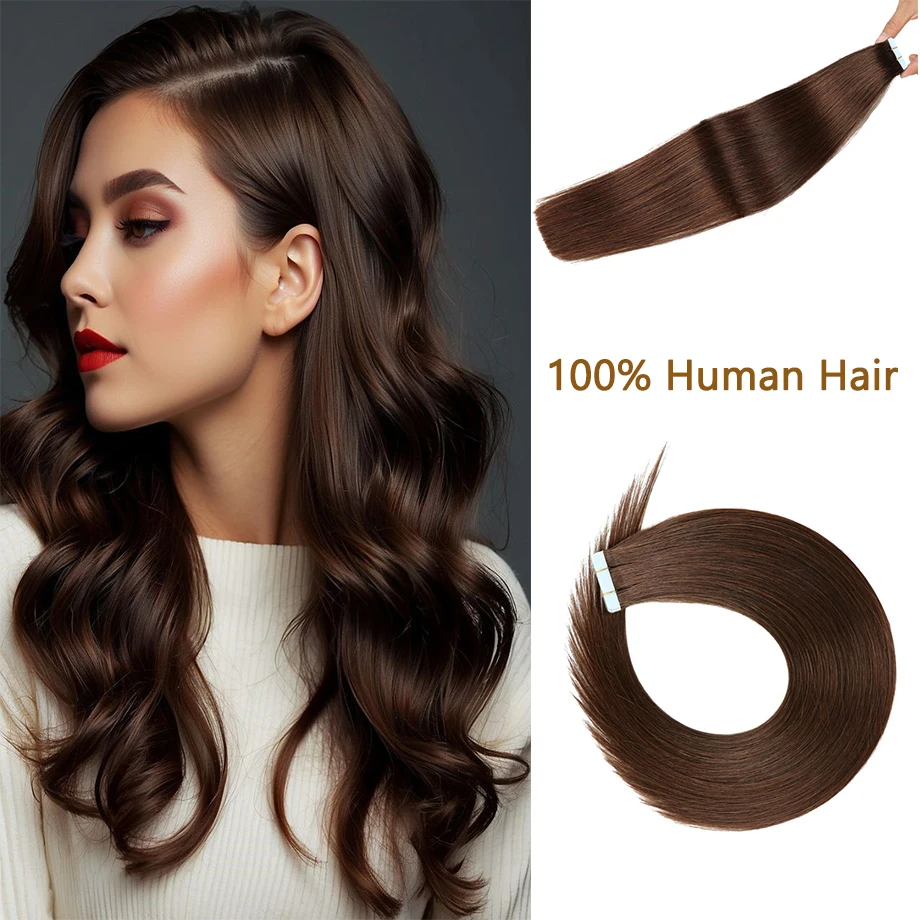 Tape In Extensions 100% Human Hair Darkest Brown Straight Hair Extension Seamless Skin Weft Real Remy Hair Extension For Woman