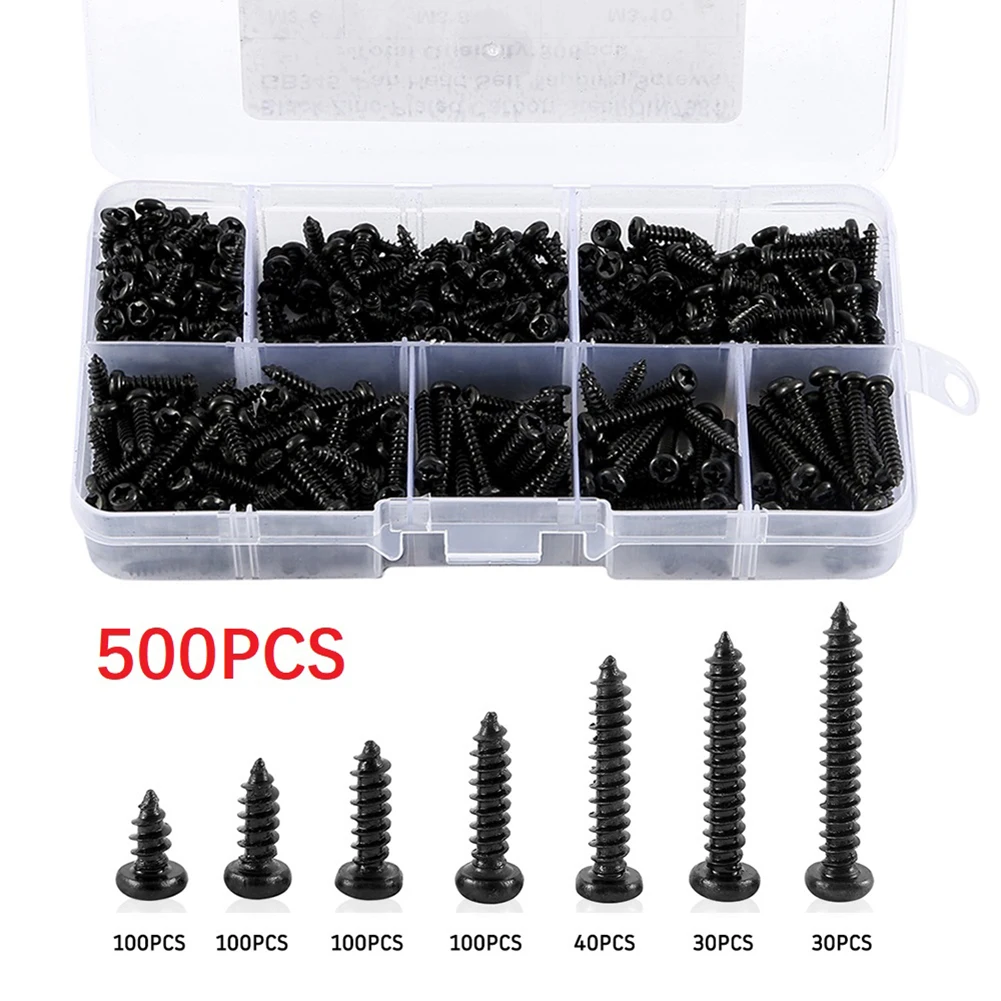 500pcs Self-Tapping Screws Carbon Steel Black 6/8/10/12/16/18/20mm Self Drilling Screws Assortment Kit For Home And Office Used