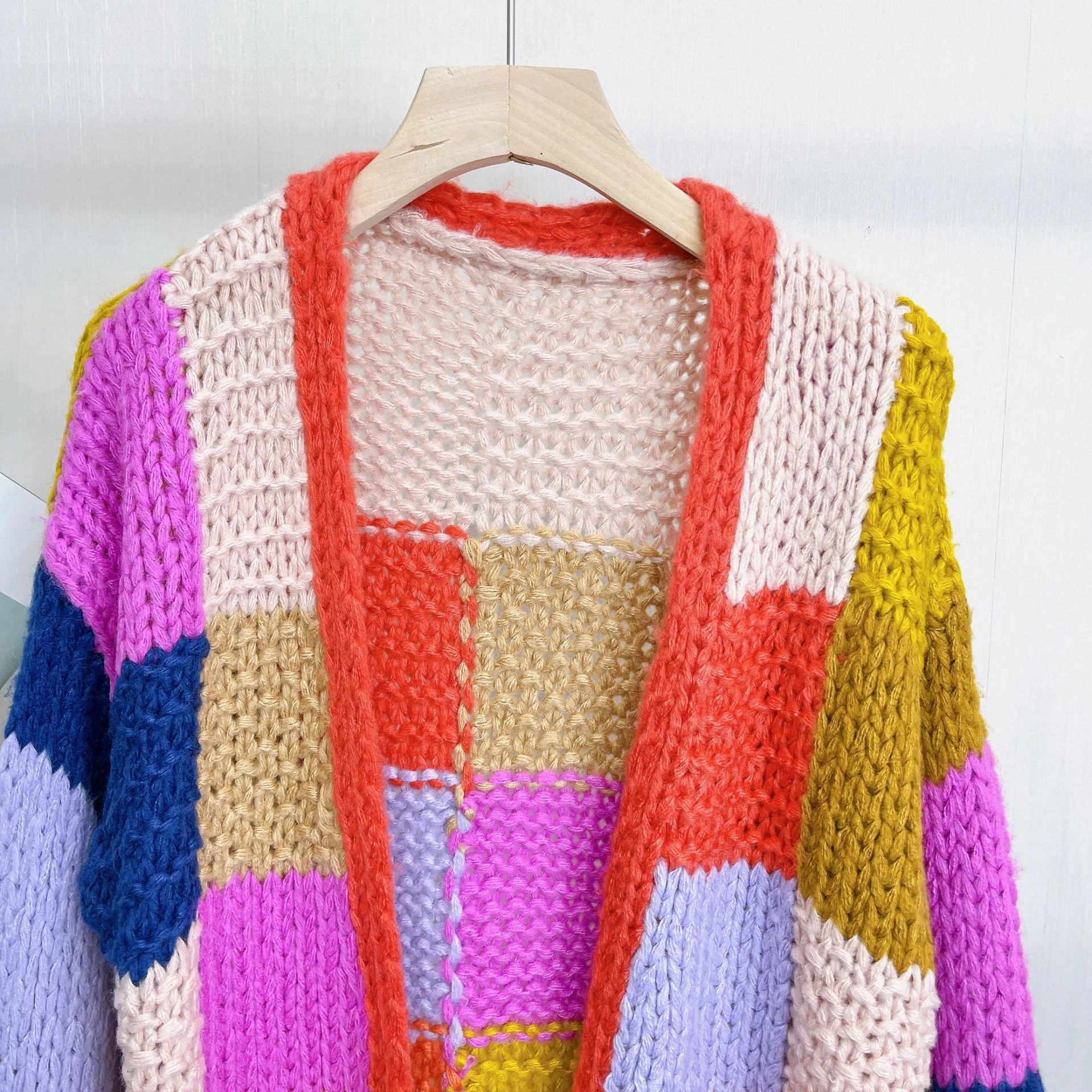 Chunky Knit Cardigan Women Handmade Patchwork Multi Color Loose Sweater Cardigan 2024 Winter Rainbow Knitwear