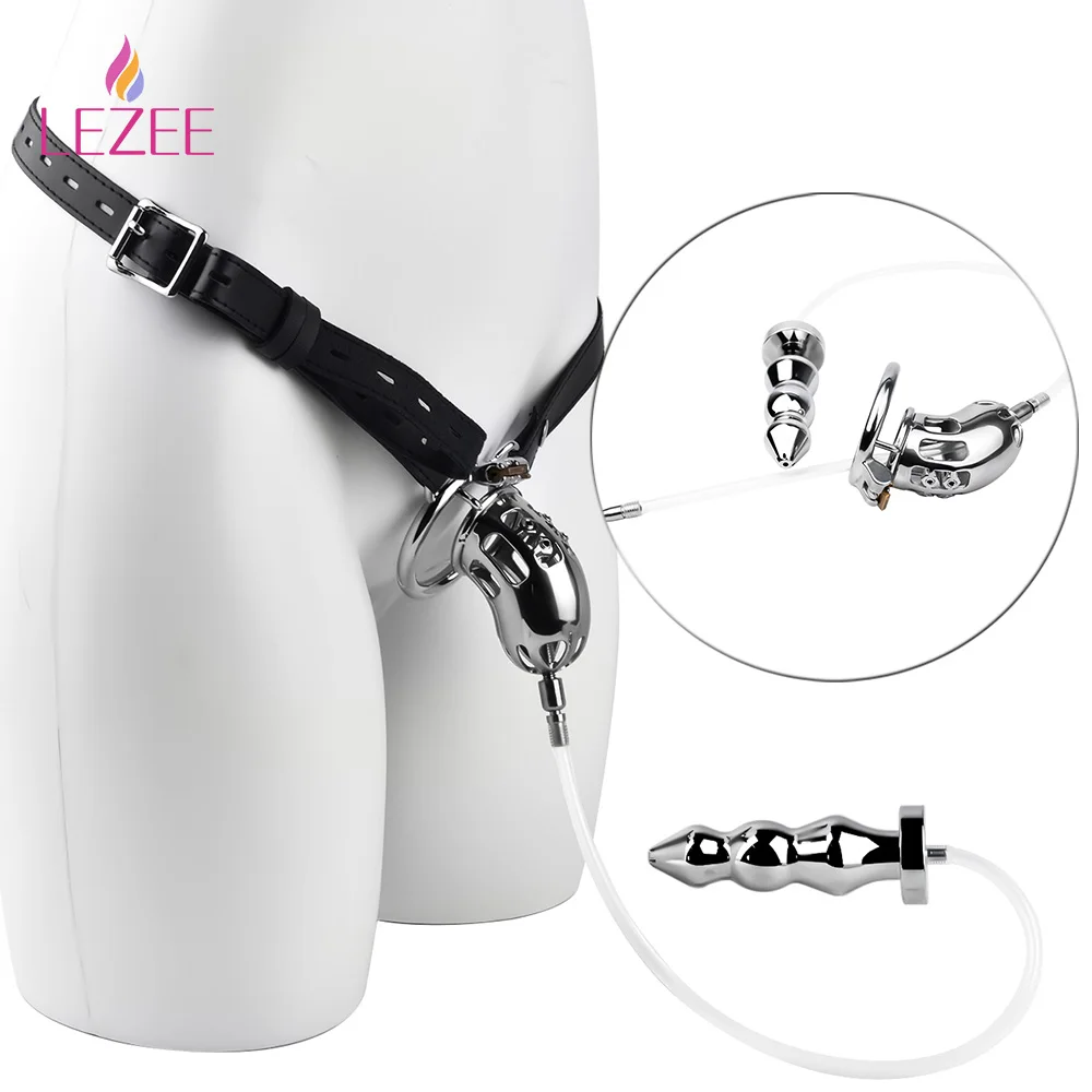 LEZEE Male Chastity Cage With Silicone Urethral Catheter Buttplug Penis Ring Chastity Belt Metal Anal Plug BDSM Sex Toys For Men