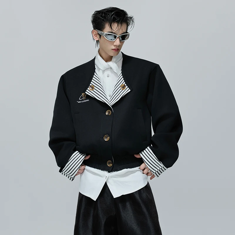 LUZHEN Men Patchwork Lapel Jacket Niche Striped Design Fake Two-piece Contrast Color Single Breasted Embroidery Male Coat JY4458