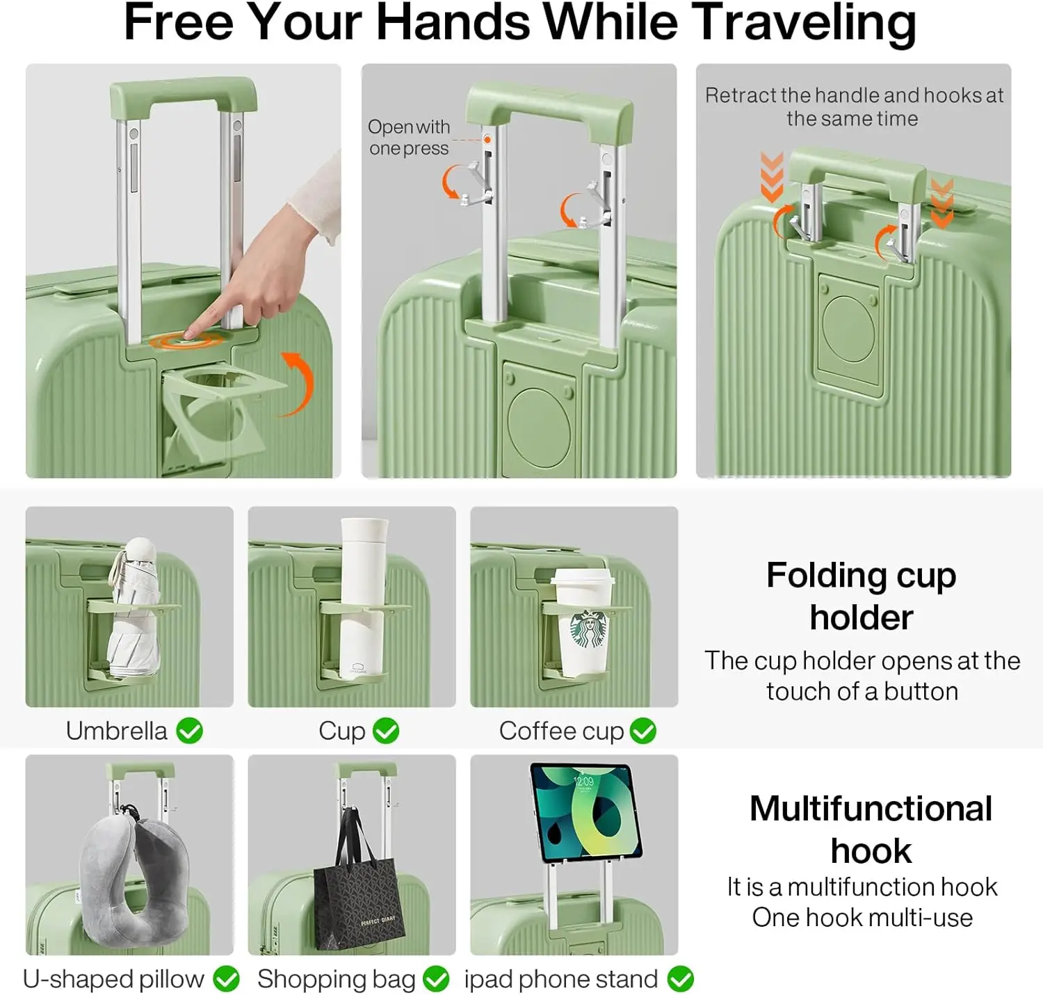 Checked Luggage with Cup Phone Holder Hard Shell Rolling Travel Suitcase with Spinner Wheels,26 Inch Avocado Green