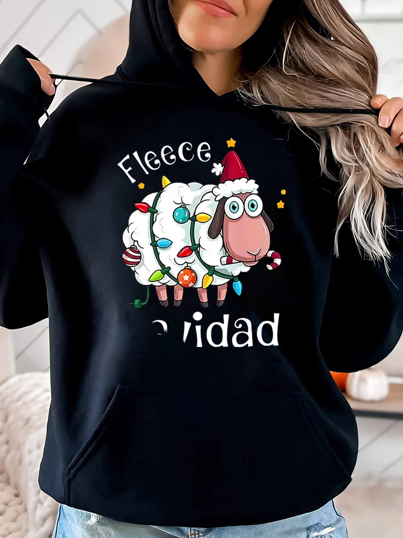 Schafe mit Weihnachtsbeleuchtung, Fleece-Weihnachts-Hoodie für Damen, Urlaub, Party, Schwarz, Übergröße
